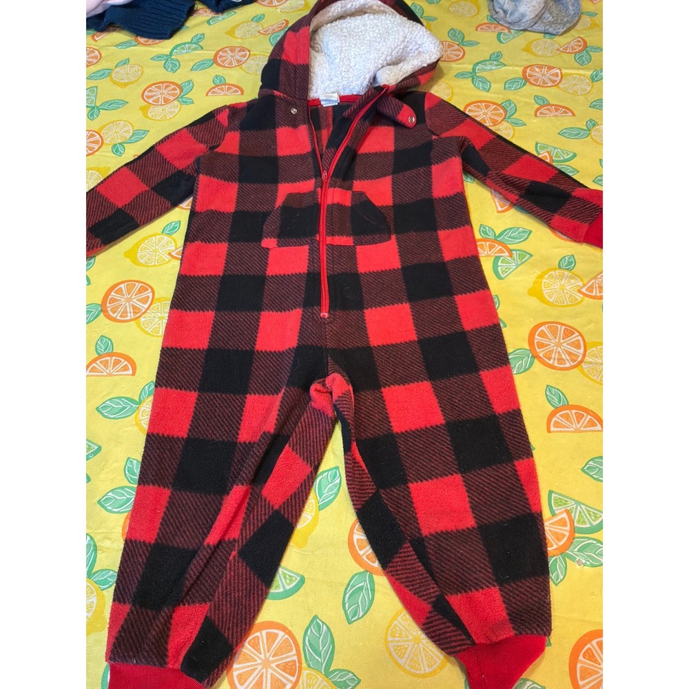 Gymboree Buffalo Plaid Fleece Hooded Union Suit Kids XXS 3 Red Black
